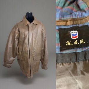 Burk’s Bay Brown Genuine Leather Jacket Plaid Lined Size L